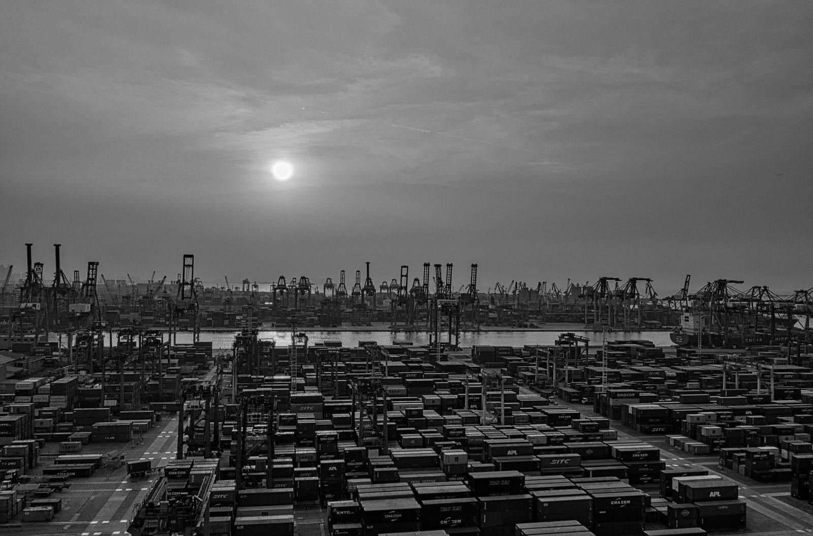 Container port at dusk